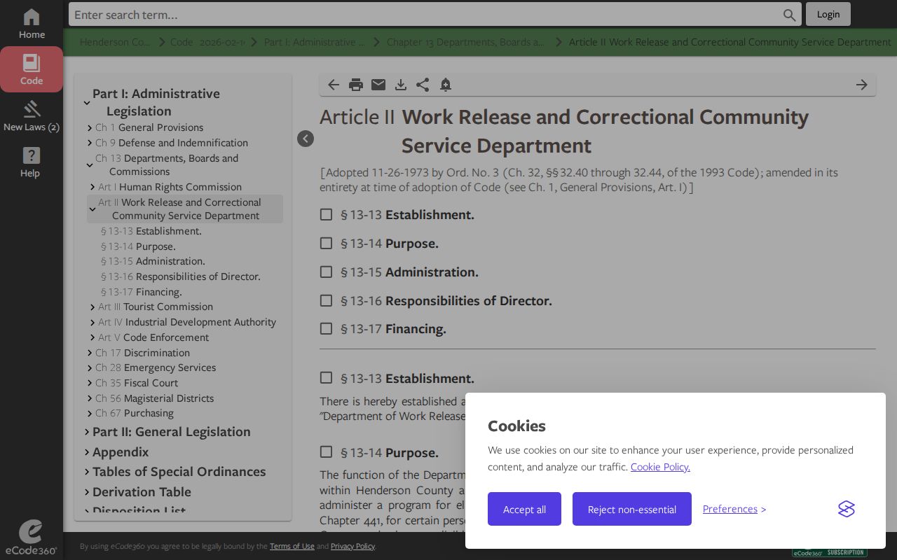 Henderson County code establishing work release and correctional community service