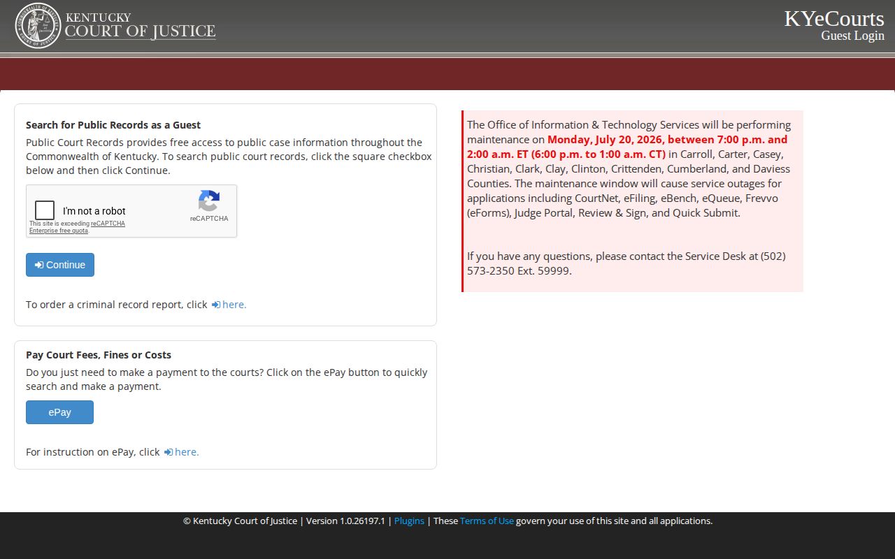 Kentucky Court of Justice guest case search for Henderson County records