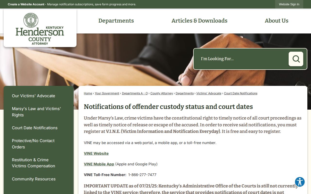 Henderson County VINE custody notification and court-date status notice